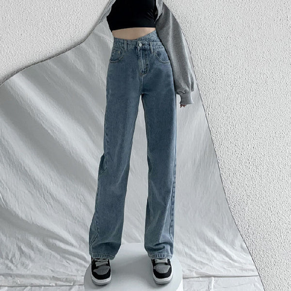 Pantalones Jeans Mujer Cintura Alta Retro Sueltos con Efecto Mopping