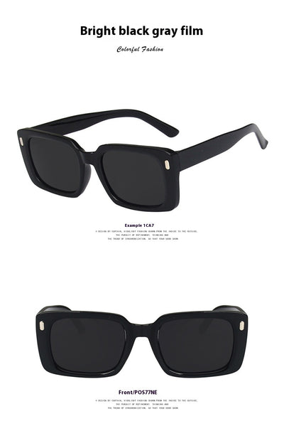 Women's retro hip hop fashion sunglasses with bright black frames, dark gray rectangular lenses, and gold accents. - Image 20
