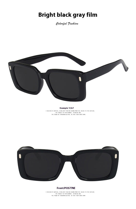 Women's retro hip hop fashion sunglasses with bright black frames, dark gray rectangular lenses, and gold accents. - Image 20
