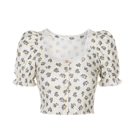 Camiseta Retro Floral con Mangas Abullonadas para Mujer