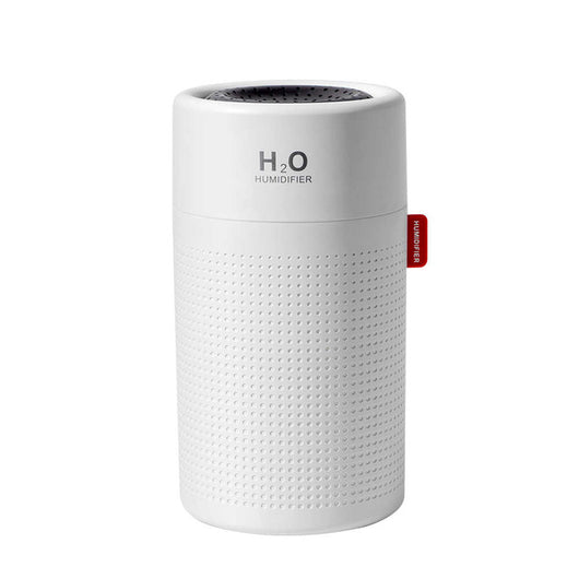 White cylindrical USB rechargeable wireless ultrasonic aromatherapy water mist diffuser lamp with H₂O HUMIDIFIER text. - Image 10