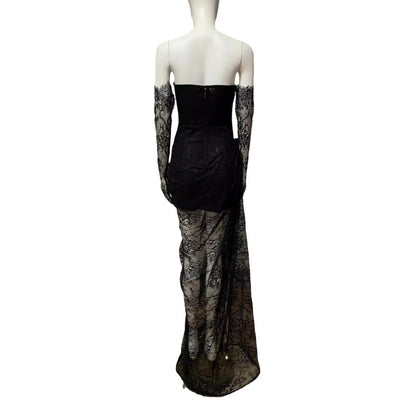 Vestido Largo Strapless con Encaje, Cuentas Brillantes y Abertura Sensual - Image 5