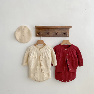 Conjunto de Dos Piezas: Enterizo Tejido con Bolas de Burbujas y Abrigo para Bebé Niña - Image 3