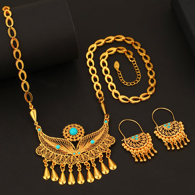 Gold-toned necklace and dangle earrings set with filigree water droplet design, turquoise accents, and tassel charms. - Image 3