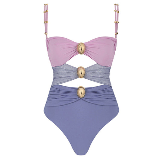 Periwinkle blue three-piece swimsuit set with bandeau bikini top, high-waisted twisted bikini bottom, and maxi sarong skirt. - Image 18