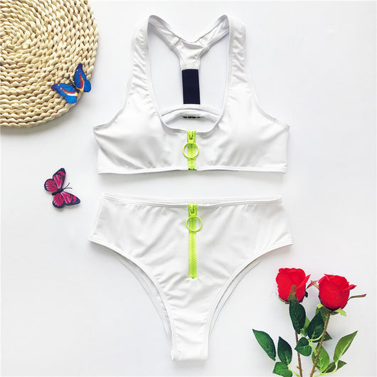 White two-piece bikini with high-neck racerback top and high-waisted bottoms, featuring neon yellow zippers. - Image 7