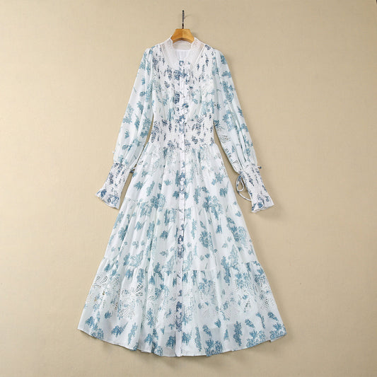 Vestido Largo de Gasa con Cintura Elástica y Mangas Largas