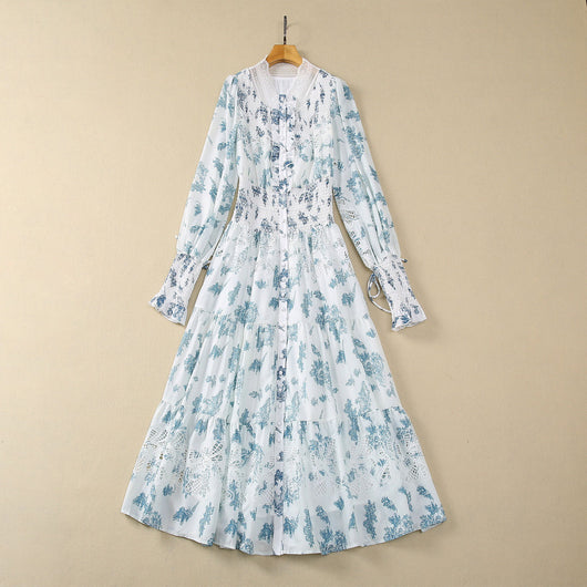 Vestido Largo de Gasa con Cintura Elástica y Mangas Largas