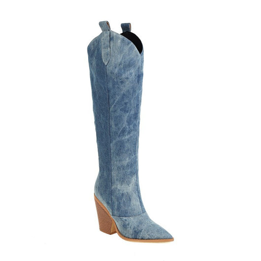 Botas Denim Tacón Alto Punta Aguda Hasta la Rodilla - Image 9