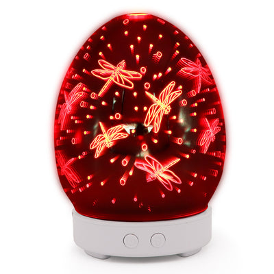 Red egg-shaped ultrasonic air humidifier with a 3D infinity mirror effect featuring glowing dragonfly patterns on a white base. - Image 22