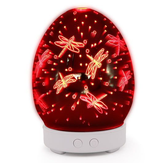 Red egg-shaped ultrasonic air humidifier with a 3D infinity mirror effect featuring glowing dragonfly patterns on a white base. - Image 22