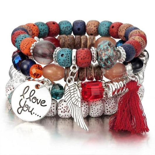 Pulsera Cristal Piedra Volcánica Multicapa con Borla Ala para Mujer - Image 3