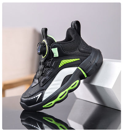 Black, white, and neon green children's basketball shoes with rotating buckle closure, featuring a mid-top design. - Image 25