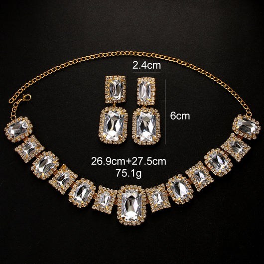 Light luxury geometric crystal necklace and square exaggerated earrings jewelry set in gold tone. - Image 15