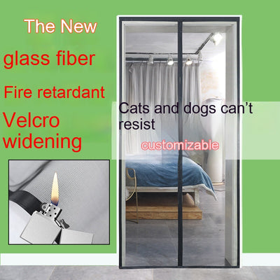 Black fiberglass mosquito-proof screen door mesh with magnetic closure, shown installed in a doorway and with close-ups of its features. - Image 3