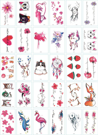 Set of 30 temporary tattoo stickers featuring pink and purple butterflies, flowers, bunnies, and moon designs. - Image 3