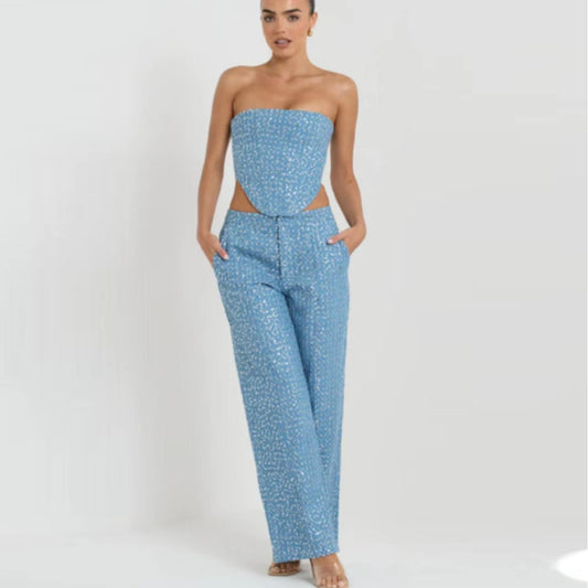 Conjunto de Pantalón Ancho y Top Tubo Brillante