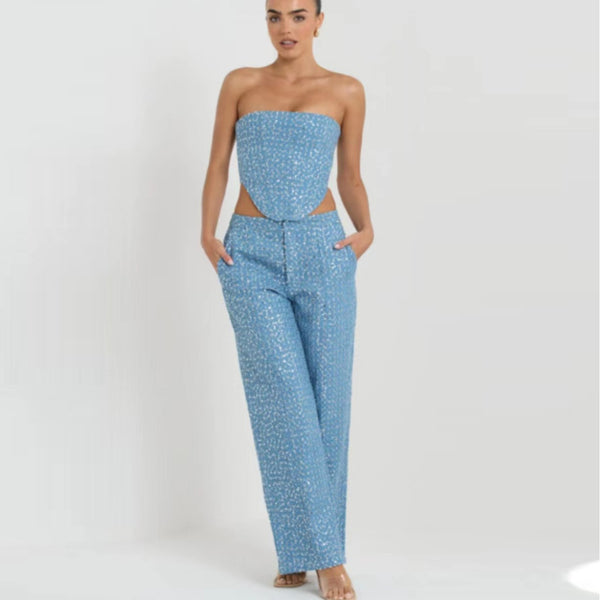 Conjunto de Pantalón Ancho y Top Tubo Brillante