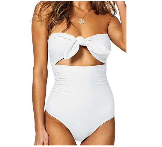 Bright yellow one-piece swimsuit with a strapless bandeau top, front tie-knot, and a cutout detail. - Image 8