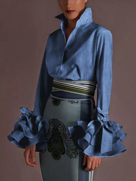 Blusa Larga Plisada con Mangas Acampanadas y Volantes - Image 6