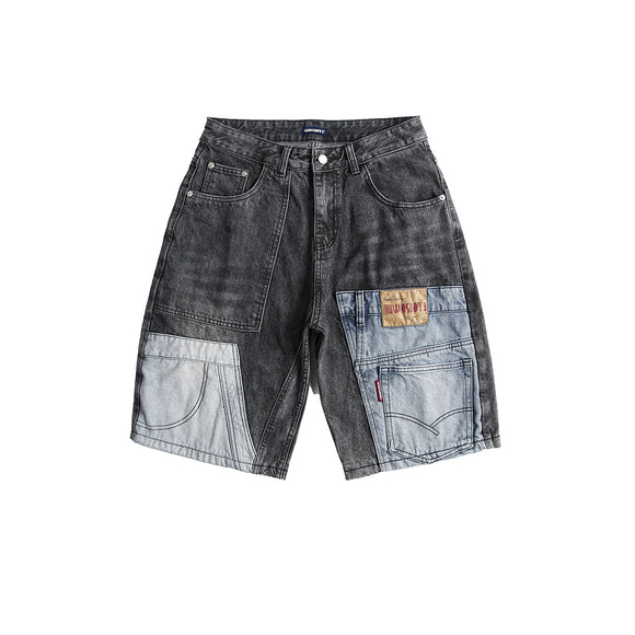 Shorts Camisa de Negocios Patchwork Denim Retro para Hombre