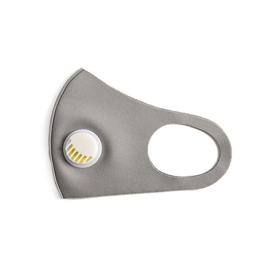 Black ice silk cotton face mask with a white breathing valve and ear loops for comfortable wear.