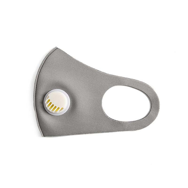 Black ice silk cotton face mask with a white breathing valve and ear loops for comfortable wear.