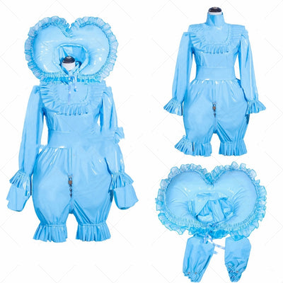 Vestido Doncella Cosplay Azul Cielo con Capucha en Cuero Charol PVC