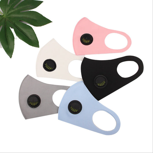 Pink knitted face mask with a black breather valve, designed for dust protection and comfortable wear.