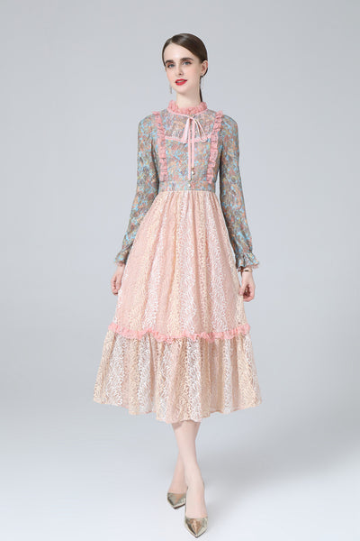 Vestido Maxi con Cuello Alto, Encaje Loto y Estampado Patchwork - Image 4