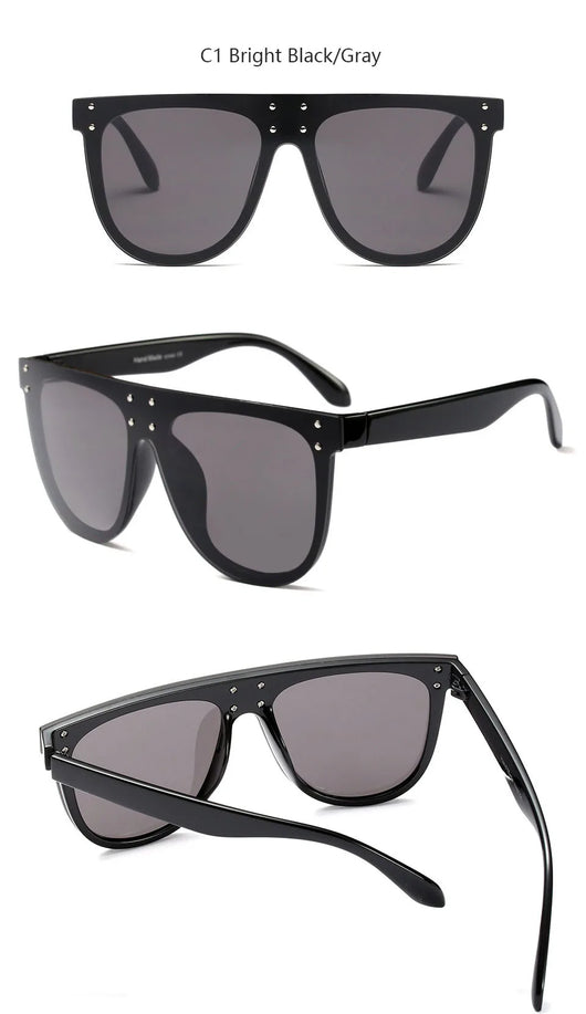 Black and white flat top sunglasses with dark lenses and small gold-toned stud details on the frame. - Image 17