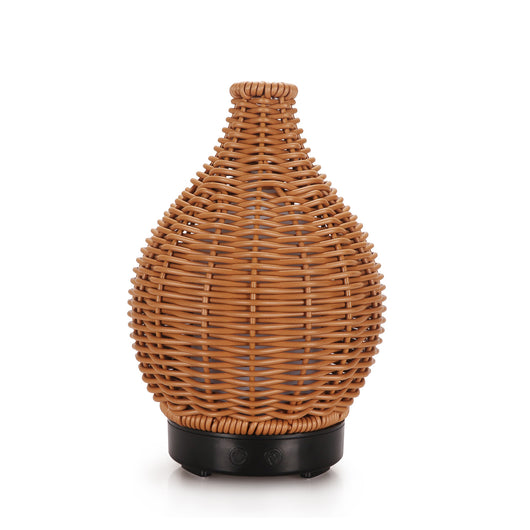Mini ultrasonic aroma diffuser with a brown hollow rattan-style body and a white base, featuring control buttons. - Image 5