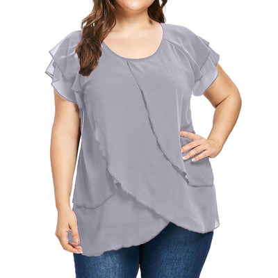 Blusa Chifón Mujer Cuello Redondo Capas Superpuestas Manga Corta - Image 3