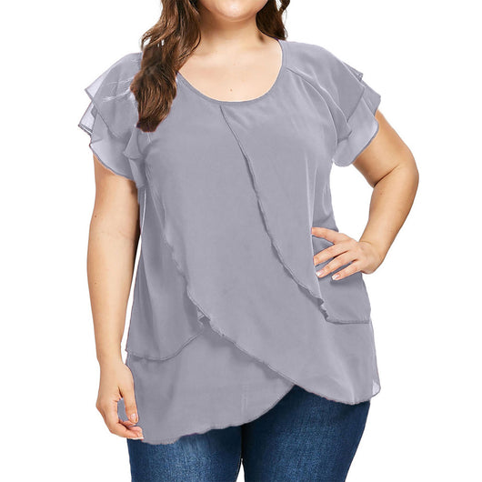 Blusa Chifón Mujer Cuello Redondo Capas Superpuestas Manga Corta - Image 3