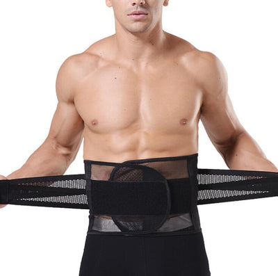 Man wearing a black breathable mesh body shaper slimming belt with adjustable hook-and-loop fasteners.