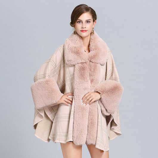 Poncho Cuadriculado para Mujer con Cuello de Pelaje Sintético Zorro - Abrigo Invierno - Image 13