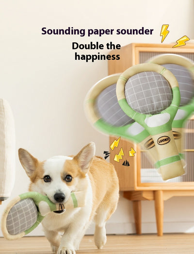 Plush dog toy set featuring a green and beige tennis racket (29cm) and a matching 6cm tennis ball. - Image 19