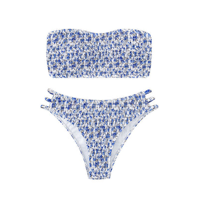 Floral smocked strapless bandeau bikini with high-cut bottoms featuring side straps, in white, teal, and red. - Image 5