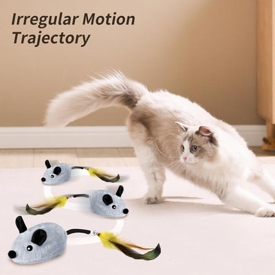 Interactive grey plush mouse cat toy with black ears and nose, feather and bell tail, and a USB charging cable. A kitten plays with a feather toy. - Image 5
