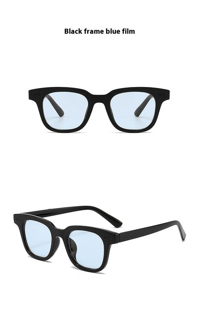 Black frame square sunglasses with light blue lenses, angled on a white background. - Image 25