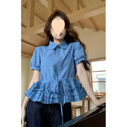 Blusa Juvenil Azul con Cuello de Muñeca y Mangas Abullonadas - Image 2