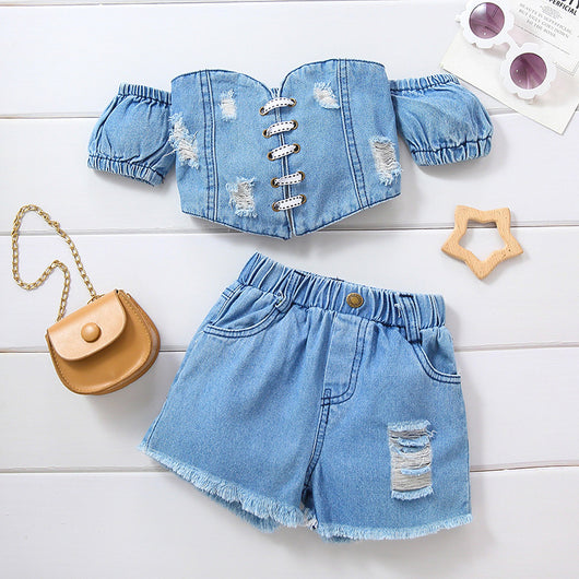 Conjunto de Shorts y Top Denim Rotos para Niñas