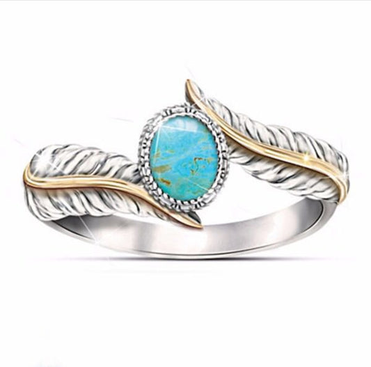 Anillo de Turquesa Verde con Pluma Incrustada - Diseño Europeo Elegante para Compromisos y Fiestas