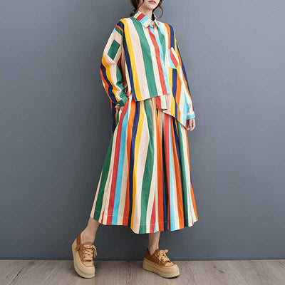 Conjunto de Falda y Blusa Artística con Rayas Irregulares y Dobladillo Amplio - Image 4