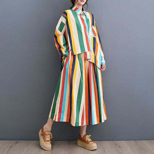 Conjunto de Falda y Blusa Artística con Rayas Irregulares y Dobladillo Amplio - Image 4