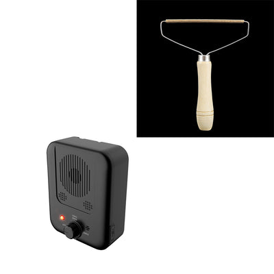 Black ultrasonic anti-barking device with a red light and a control knob, next to yellow pet goggles with rainbow lenses. - Image 21
