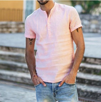 Camisa de Cuello Parado Algodón y Lino Manga Corta - Image 3