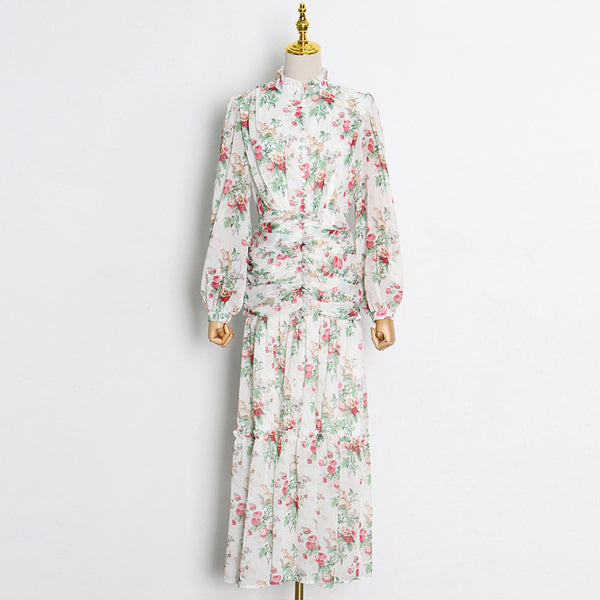 Vestido Estampado con Cuello Mao y Mangas Globo Plisadas