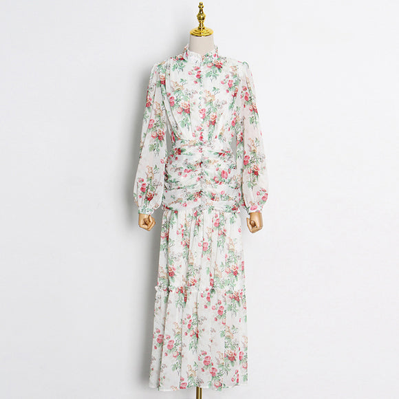 Vestido Estampado con Cuello Mao y Mangas Globo Plisadas