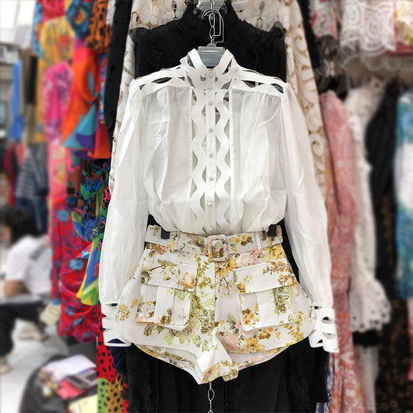 Conjunto de 2 Piezas: Blusa Hueca Manga Larga + Short Estampado - Image 17